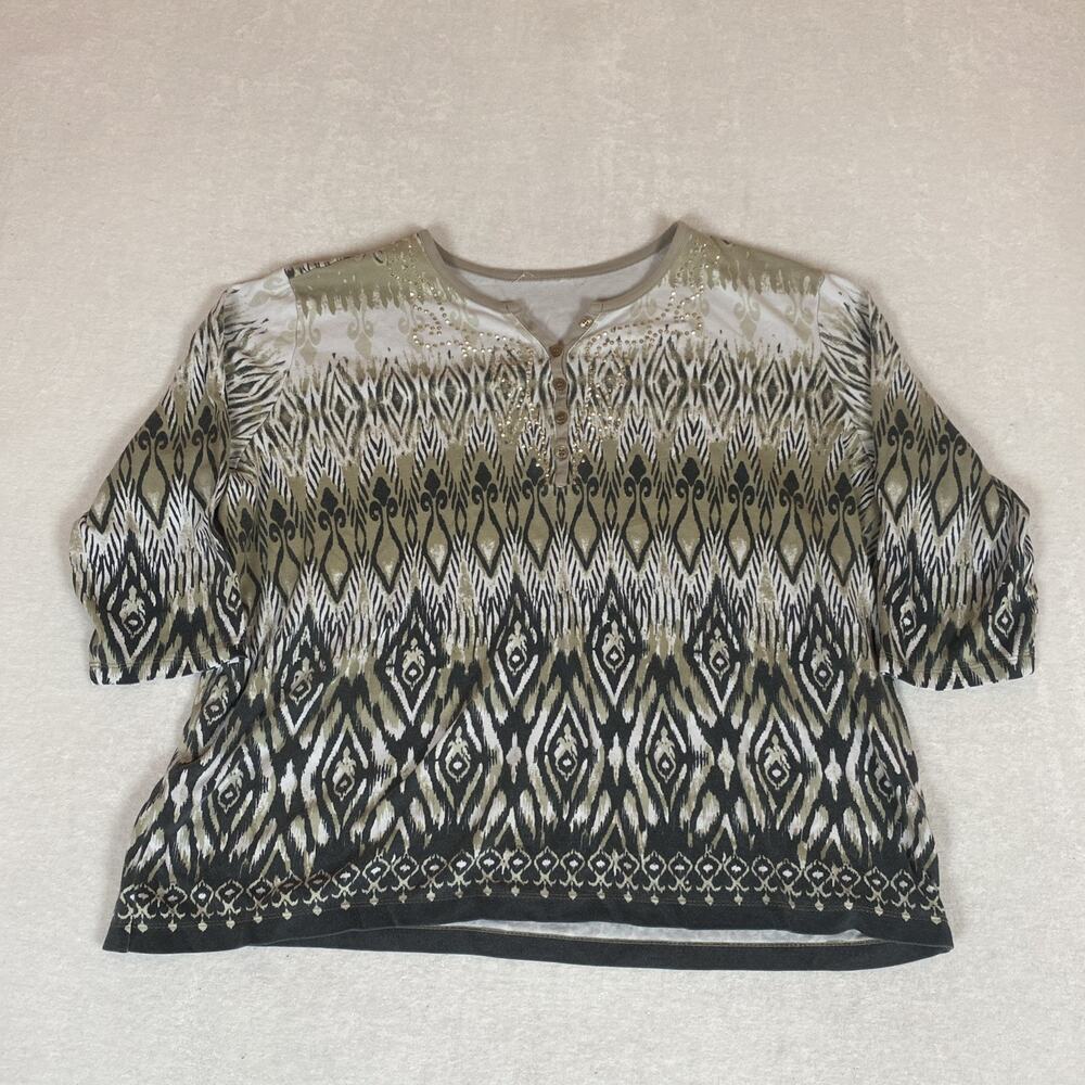 Womens Ikat Print Top Studded Henley 3/4 Sleeve Boho Embellished Blouse